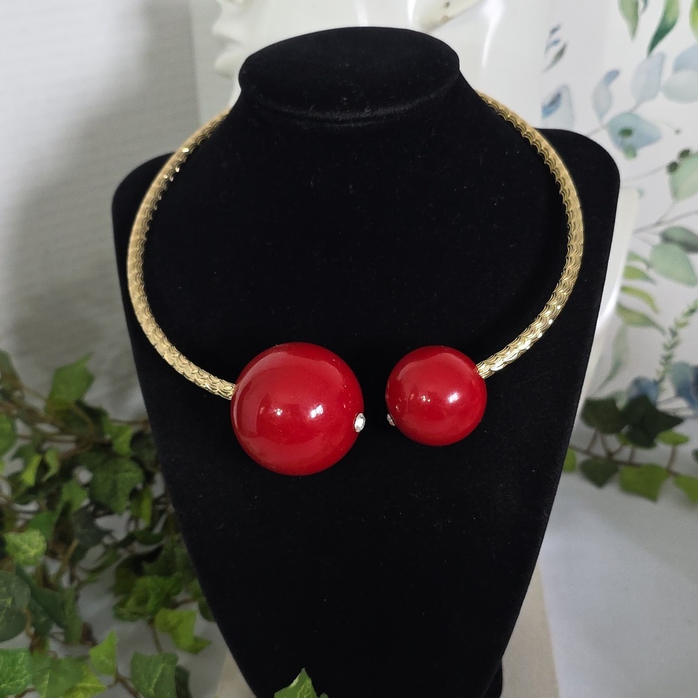 Statement Gold Flexible Choker Necklace with Large Red Spherical End Beads